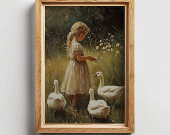 Vintage Girl with Geese Painting, Cottagecore Farmhouse Wall Art Easter Prints Moody Home Nature Decor Romantic Pastoral Scene Antique Print