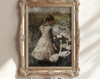 Goose Girl Cottagecore PRINTABLE Wall Art, Rustic Farmhouse Home Decor, Moody Nature Wall Art, Antique Aesthetic Painting, Vintage Farm Girl