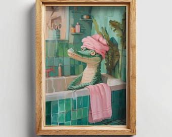 Impression d'art Gator dans une baignoire, décoration de salle de bain amusante (art numérique)