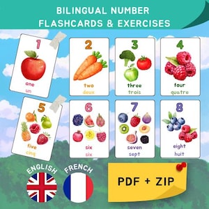 1-20 Bilingual Number Flashcards and Worksheets | English-French Printable Kids Learning Cards | Number Tracing & Coloring Activity PDF