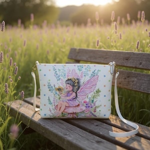Feen Crossbody Tasche – Vegane Leder Fairycore Geldbörse mit Aquarell Kunst – Kleine zauberhafte Schultertasche – Wunderliches Fantasy Geschenk für Sie