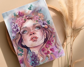 Floral Goddess Watercolor Portrait Print – Boho Feminine Wall Art