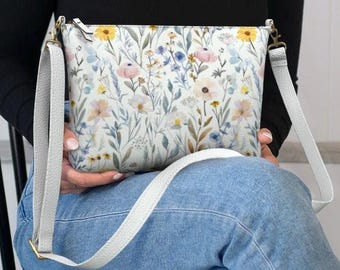 Floral Crossbody Bag, Wildflower Vegan Leather Purse, Cottagecore Handbag