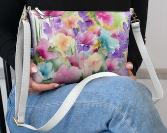 Floral Crossbody Purse: Watercolor Art Vegan Leather Bag