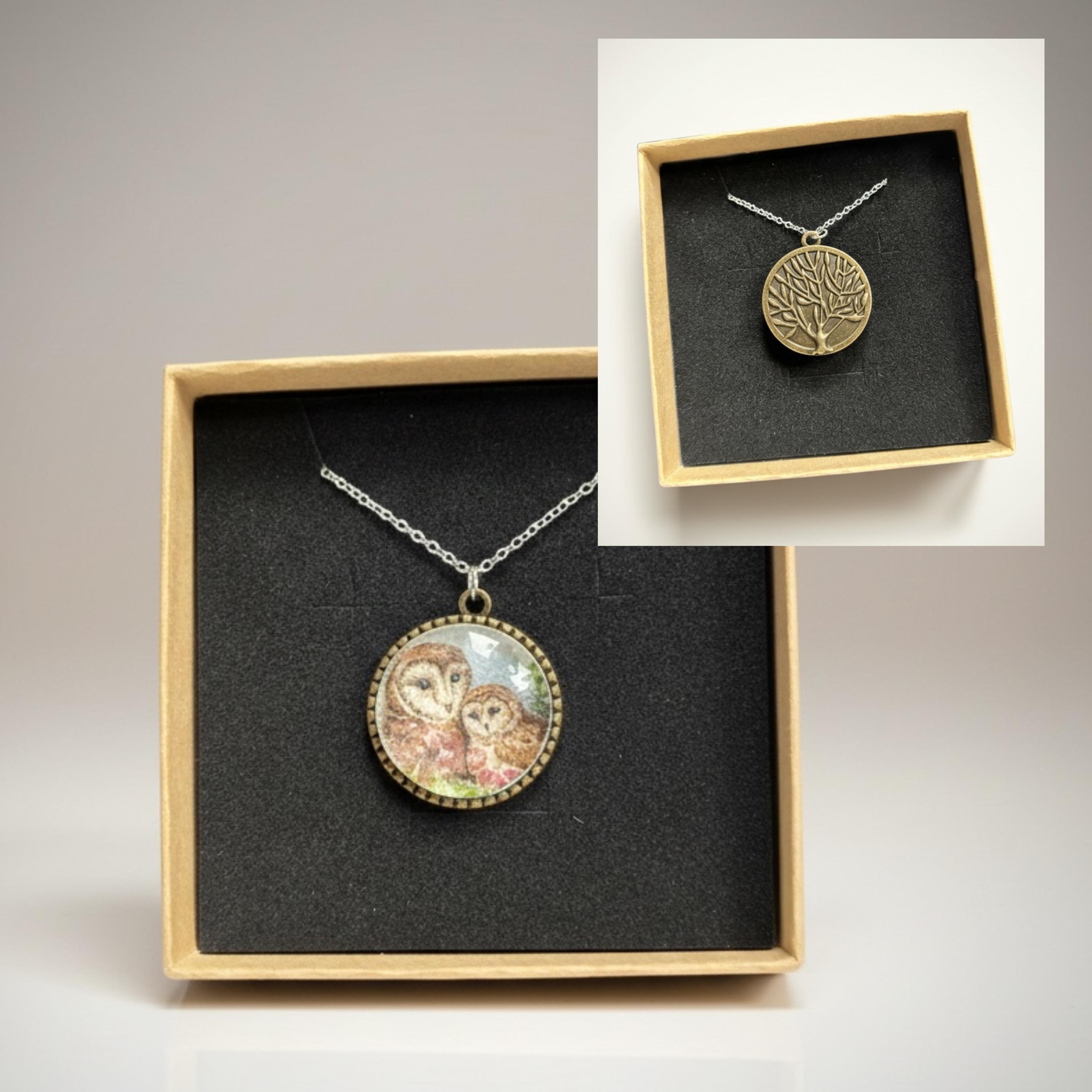 Hand Painted Owl Necklace, Mama and Baby Pendant, Woodland Jewelry, Cottagecore Nature Necklace, Uni