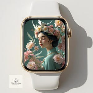 Quadrante Floral Lady Aurora 07 – Sfondo 3D con donna botanica per Apple Watch