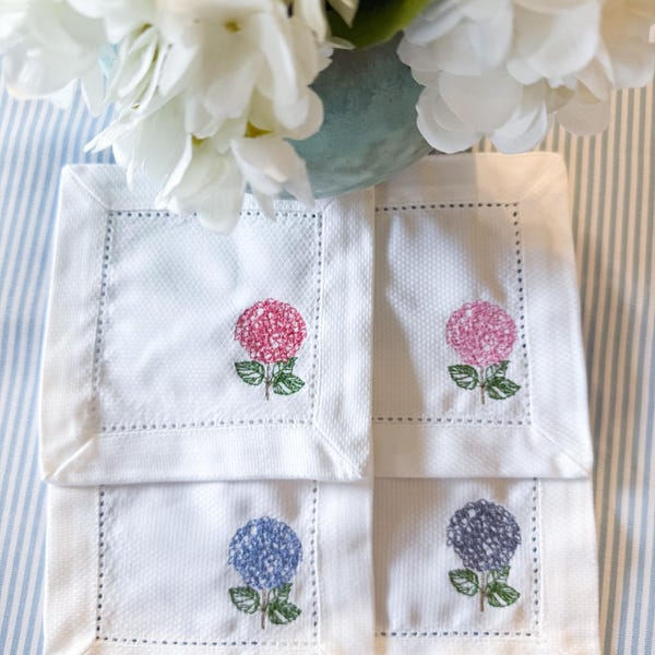 Embroidered Hydrangea Linen Cocktail Napkins | Set of 4, Hostess Gift