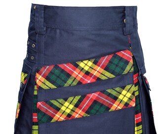 Utility Hybrid Kilt - Scottish Tartan Cargo Pockets Kilt For Men - Black Cotton with 40+ Tartan Under Pleats - Made To Order Kilts