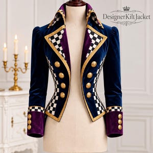 May include: A navy blue velvet jacket featuring a black and white checkered pattern on the lapels and cuffs, accented with purple velvet trim and gold-toned buttons. The text "DesignerKiltJacket" is visible in the upper right corner of the image.