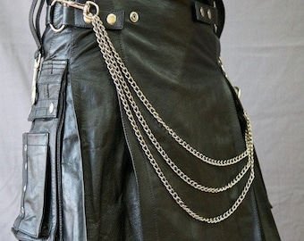May include: A black leather kilt with multiple pockets and a silver chain hanging from the belt. The kilt has a belt with silver buckles and studs.