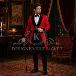Può includere: Una giacca a coda rossa con revers e polsini neri, indossata sopra una camicia bianca abbottonata, un gilet nero e pantaloni neri. L'insieme include un papillon nero e un bastone da passeggio nero. Il testo DESIGNER KILT JACKET è visibile.
