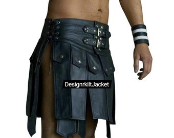 Men’s Black Leather Gladiator Kilt Skirt – Medieval Warrior Costume, Steampunk Festival Wear Kilt