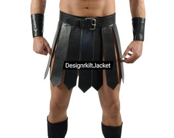 Men’s Gladiator Black Leather Skirt – Roman Warrior Costume, Medieval Cosplay Armor Kilt