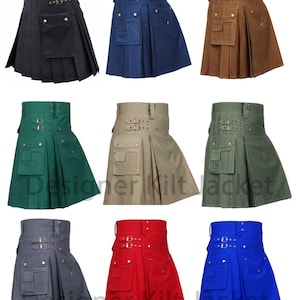 May include: Nine different utility kilts in various colors, including black, blue, brown, green, beige, olive green, gray, red, and blue. Each kilt has a large cargo pocket on the front and multiple buckles on the waistband.