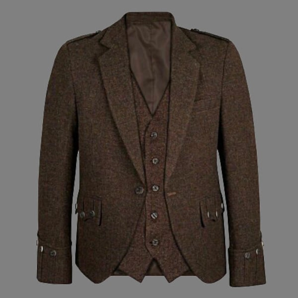 Men's Scottish Brown Tweed Wool Argyle Kilt Jacket With 5 Button Vest 17th Century Argyll Wedding Jacket
