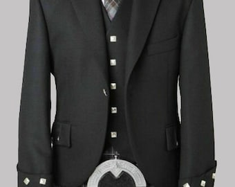 Men's Scottish Argyle Black Jacket With Waistcoat 100% Serge Wool Wedding Argyle Kilt Jacket for Men | Chest Size 34" to 54"