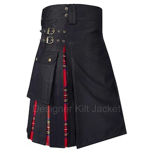 May include: Black utility kilt with red and black tartan trim and a large cargo pocket. The kilt has a buckle closure and is pleated.