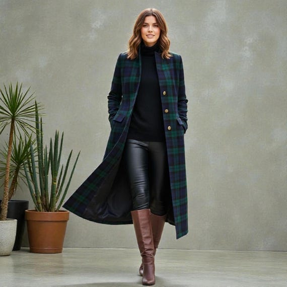 Trench Coat Check Wool Coat Womens Women's Green Plaid Long Wool