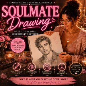 Può includere: Una grafica promozionale per un servizio di disegno psichico personalizzato con il testo Soulmate Drawing, Your Future Love, Beautifully Sketched e Love Is Already Writing Your Story. Mostra un disegno a matita di una persona su un quaderno a spirale.