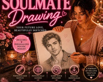 May include: A promotional graphic for a personalized psychic drawing service featuring the text Soulmate Drawing, Your Future Love, Beautifully Sketched, and Love Is Already Writing Your Story. It displays a pencil sketch of a person on a spiral notebook.