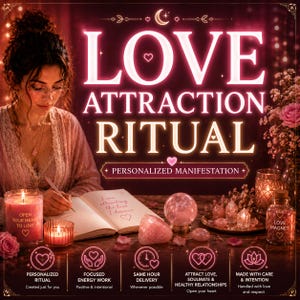 Pode incluir: Um kit de ritual de atração amorosa com uma vela rosa rotulada Open Your Heart To Love, um diário com texto manuscrito, uma esfera de quartzo rosa, uma pedra em forma de coração e um frasco de vidro rotulado Love Magnet.