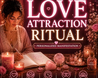 May include: A love attraction ritual kit featuring a pink candle labeled Open Your Heart To Love, a journal with handwritten text, a rose quartz sphere, a heart-shaped stone, and a glass jar labeled Love Magnet, all set against a dark background.