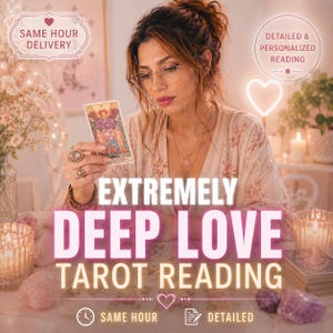 May include: A tarot card reading service featuring the text 'EXTREMELY DEEP LOVE TAROT READING', 'SAME HOUR DELIVERY', and 'DETAILED & PERSONALIZED READING'. The image shows a person holding 'The Lovers' tarot card with various crystals.
