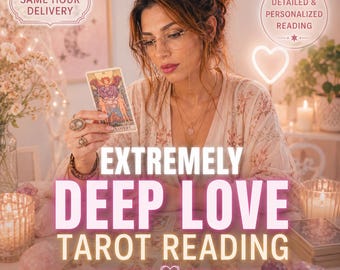 May include: A tarot card reading service featuring the text 'EXTREMELY DEEP LOVE TAROT READING', 'SAME HOUR DELIVERY', and 'DETAILED & PERSONALIZED READING'. The image shows a person holding 'The Lovers' tarot card with various crystals.