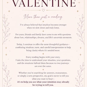 May include: A light pink informational flyer with dark purple text titled MEET VALENTINE. The text describes tarot reading services, emphasizing intuition and guidance. The design features thin botanical borders, small stars, and a crescent moon icon.