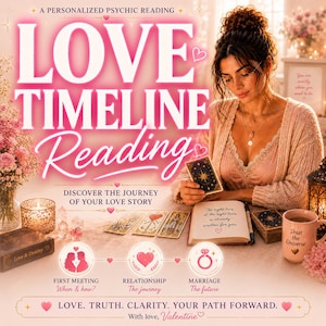 Puede incluir: Un anuncio de lectura psíquica personalizada con el texto LOVE TIMELINE READING, DISCOVER THE JOURNEY OF YOUR LOVE STORY, y LOVE. TRUTH. CLARITY. YOUR PATH FORWARD. WITH LOVE, VALENTINE. Incluye cartas de tarot, un diario y una taza.