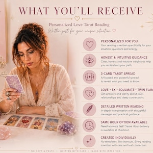 May include: A digital graphic titled WHAT YOU'LL RECEIVE detailing a Personalized Love Tarot Reading. It lists features including a 3-card tarot spread, detailed written reading, and guidance on love, ex, soulmate, and twin flame connections.