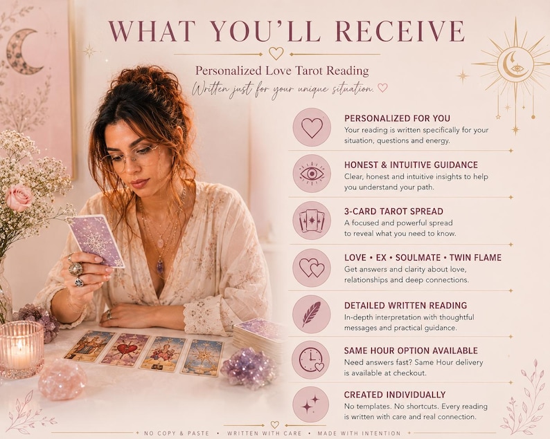May include: A digital graphic titled WHAT YOU'LL RECEIVE detailing a Personalized Love Tarot Reading. It lists features including a 3-card tarot spread, detailed written reading, and guidance on love, ex, soulmate, and twin flame connections.