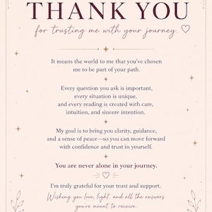 May include: A rectangular thank you card on a pale pink background with dark purple text. The card features celestial motifs like stars, a crescent moon, and leaf borders. The text expresses gratitude for trust and support, ending with the name Valentine.