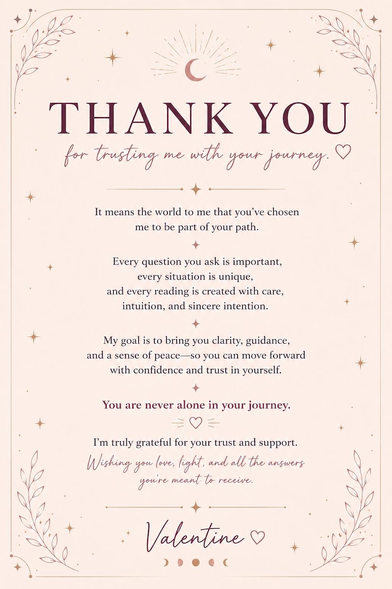 May include: A rectangular thank you card on a pale pink background with dark purple text. The card features celestial motifs like stars, a crescent moon, and leaf borders. The text expresses gratitude for trust and support, ending with the name Valentine.
