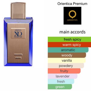 May include: A blue perfume bottle with a gold cap and a gold front panel. The bottle has the text "Orientica XO Xclusif Oud Bleu". The image also includes the Orientica logo and a list of fragrance accords.