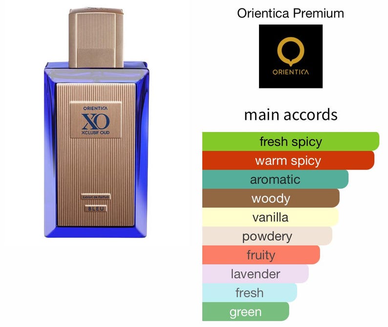 May include: A blue perfume bottle with a gold cap and a gold front panel. The bottle has the text "Orientica XO Xclusif Oud Bleu". The image also includes the Orientica logo and a list of fragrance accords.