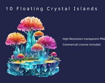 Dreamy Floating Crystal Islands PNG Clipart Bundle, Commercial Use, Instant Download