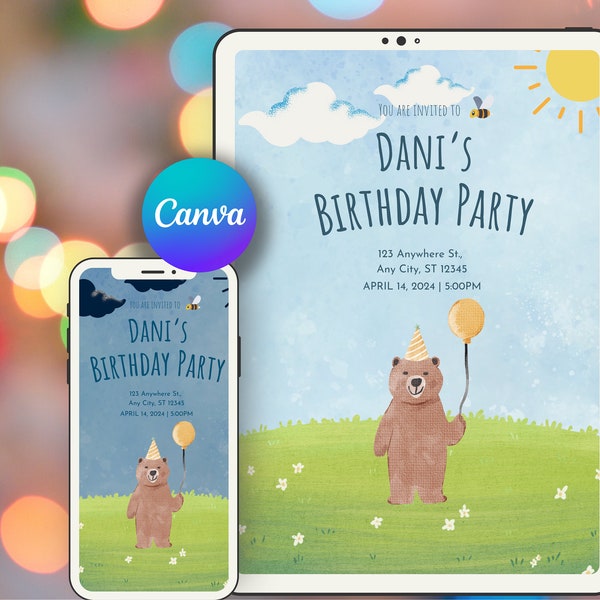 Bear birthday invite for children's party celebration editable bears theme card invitation digital download yellow bee animals cute garden