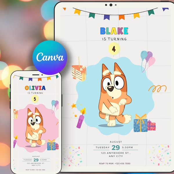 Bluey Birthday Invitation For Children Party Bingo invite Digital Download Template Canva Kids Bday Card Dogs Theme Puppy Cartoon Colorful