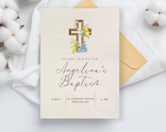 Plantilla de invitación para bautizo con cruz floral / Elegante imprimible (descarga digital)