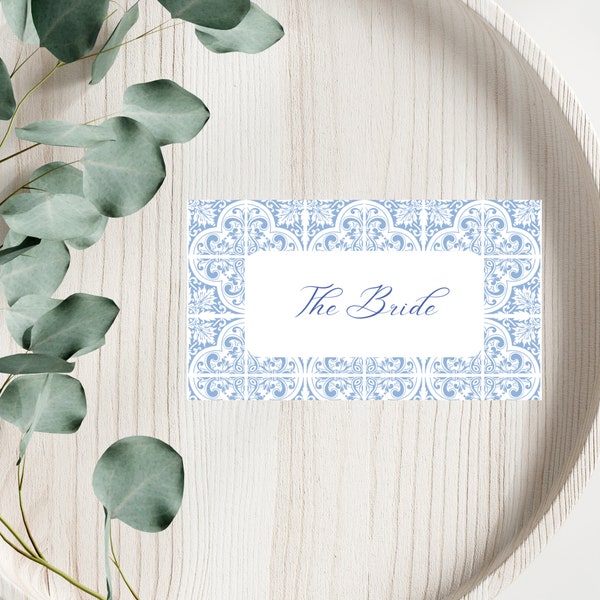 Mediterranean Blue Tiles Lemon Wedding Place Name Card | Editable | Seating Plan