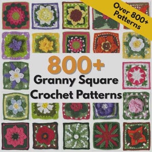 Puede incluir: Una colección de patrones de ganchillo de cuadrados de la abuela coloridos. La imagen muestra una cuadrícula de varios diseños cuadrados, cada uno con diferentes patrones florales y geométricos en tonos de rosa, verde, amarillo y morado. El texto dice "800+ Granny Square Crochet Patterns."