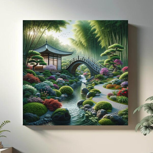 Japanese Zen Garden Digital Art, Tranquil Tea House & Blossoming Bridge Scene, Instant Download Meditation Wall Decor, Nature Inspired Deco