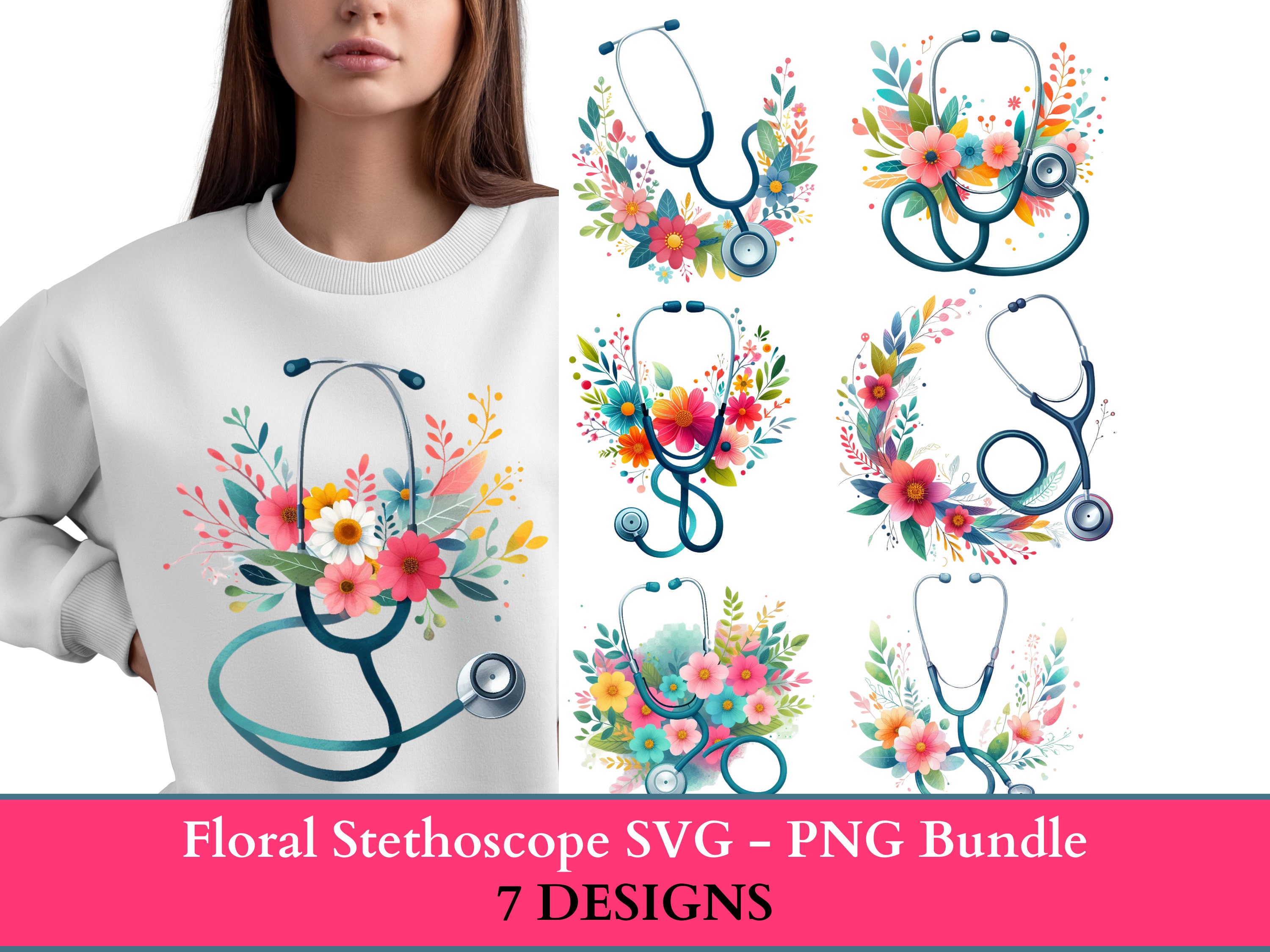 Floral Nurse Stethoscope Bundle, Floral Nurse Clipart, DIY Medical