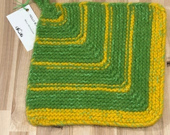 Wool felted potholders. Hand knit. Green & Yellow