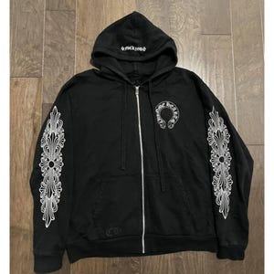 Gothic Streetwear Hoodie with Bold White Sleeve Graphics Black Zip Up Hoodie