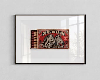 Vintage Zebra Matchbox Print, Zebra Wall Art, Retro Safari Decor, Vintage Wall Decor, Eclectic Art, Digital Download