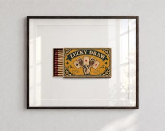 Vintage Lucky Draw Matchbox Print, Playing Card Wall Art, Casino Decor, Digital Download