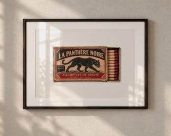 Vintage Panther Wall Art, Retro Matchbox Print, French Vintage Decor, Black Panther Poster, Statement Wall Art, Digital Download