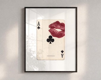 Vintage Playing Card Print, Red Lipstick Wall Art, Retro Home Decor, Ace Of Clubs, Digital Download